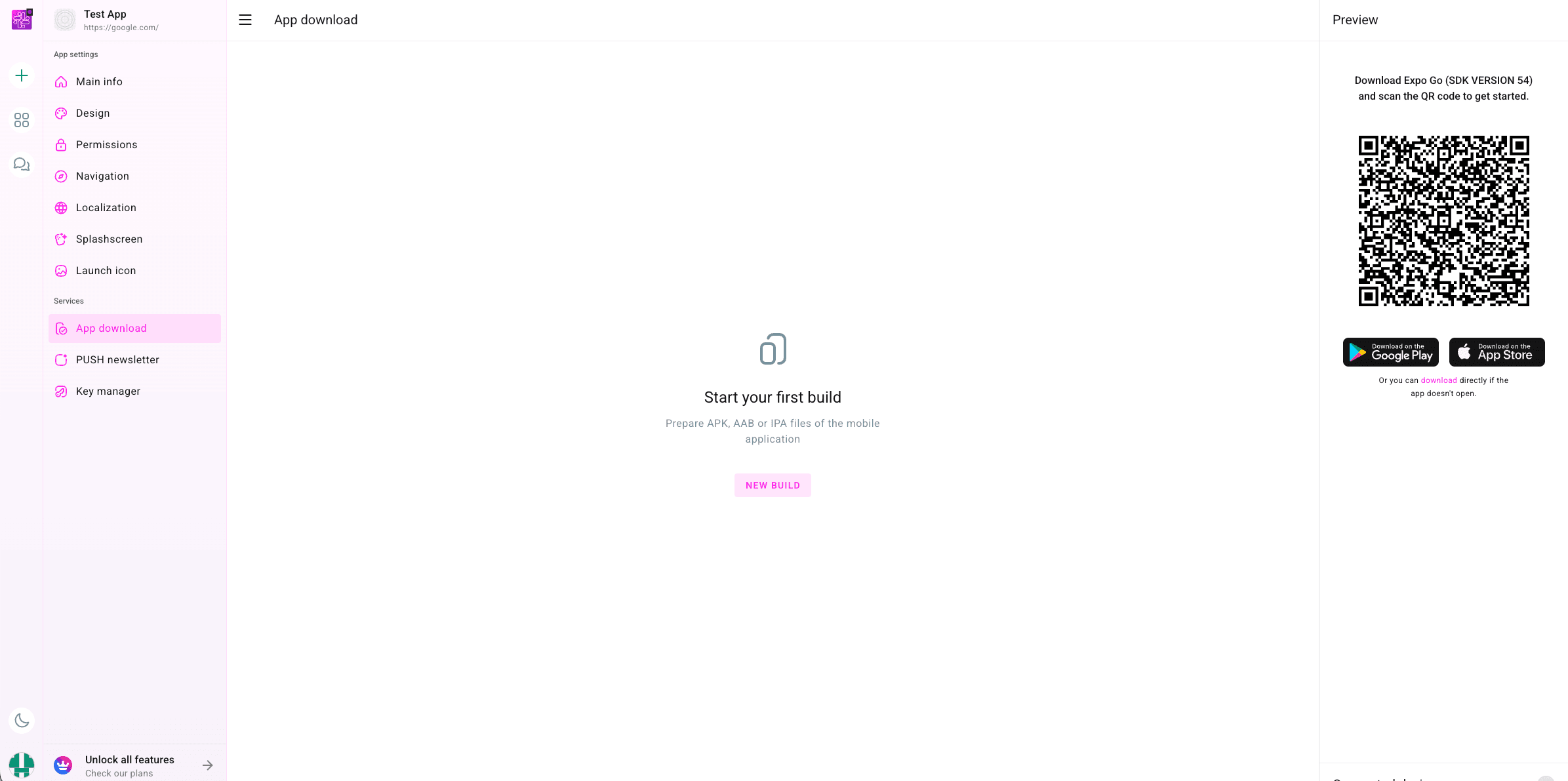 App Download screen in the PocketMySite dashboard