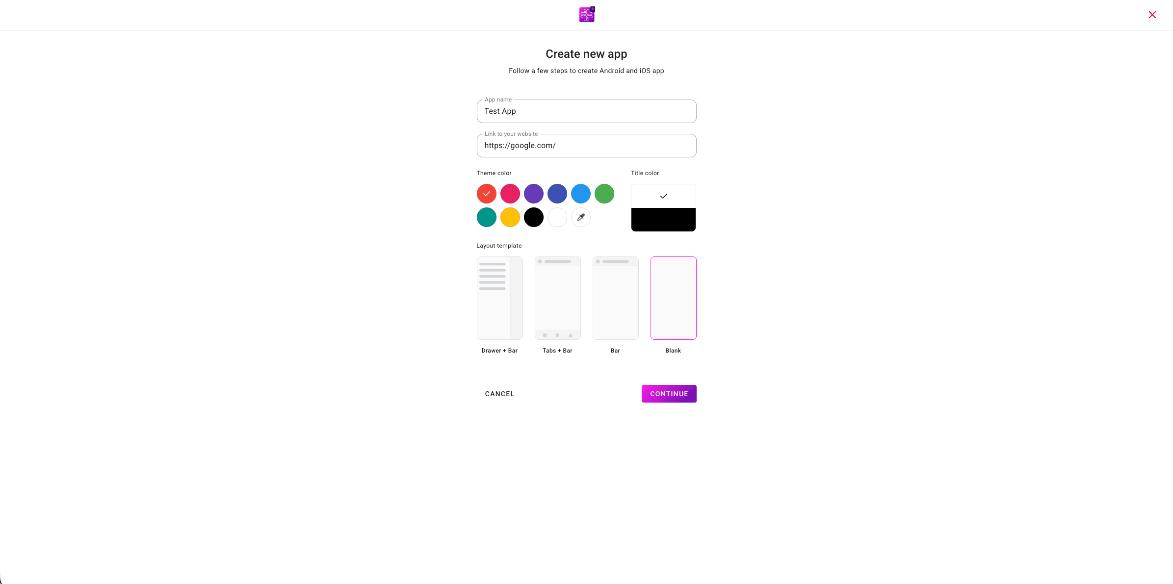 Create Your App screen in the PocketMySite dashboard