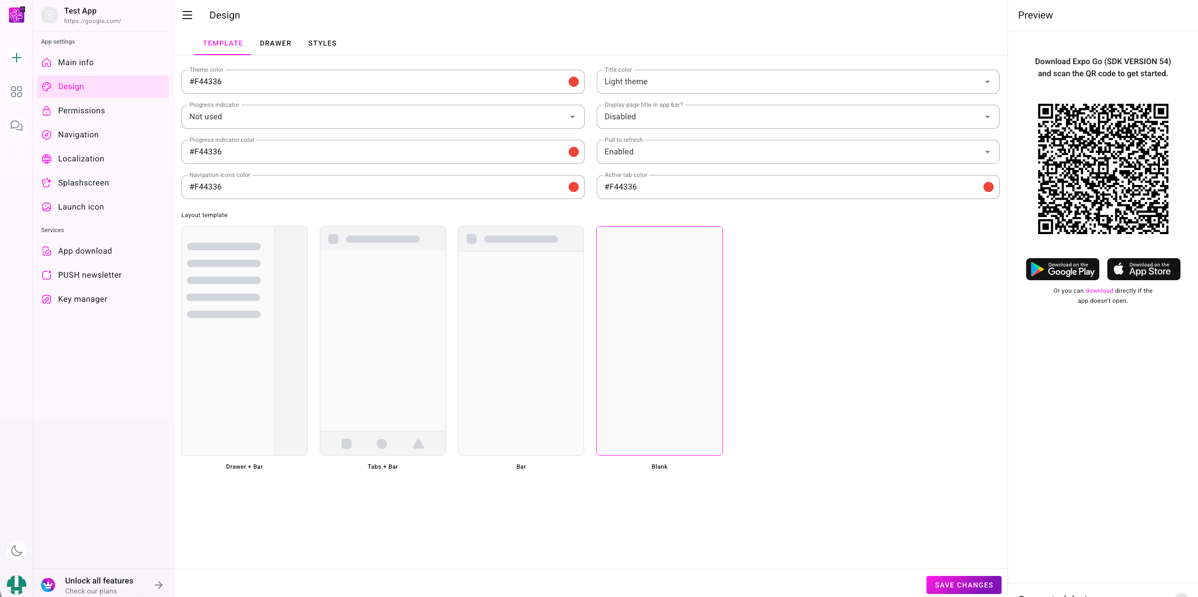 Design screen in the PocketMySite dashboard