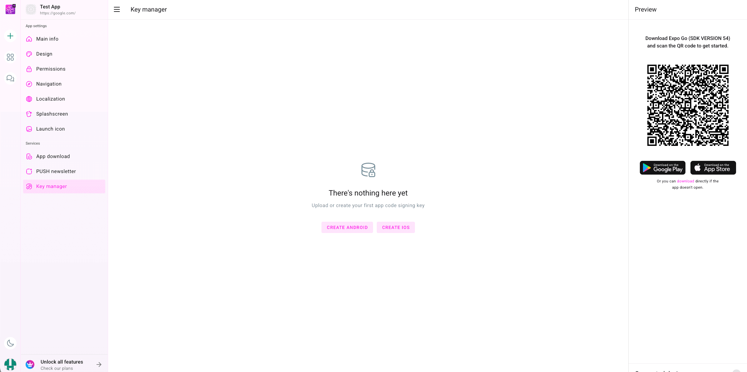 Key Manager screen in the PocketMySite dashboard