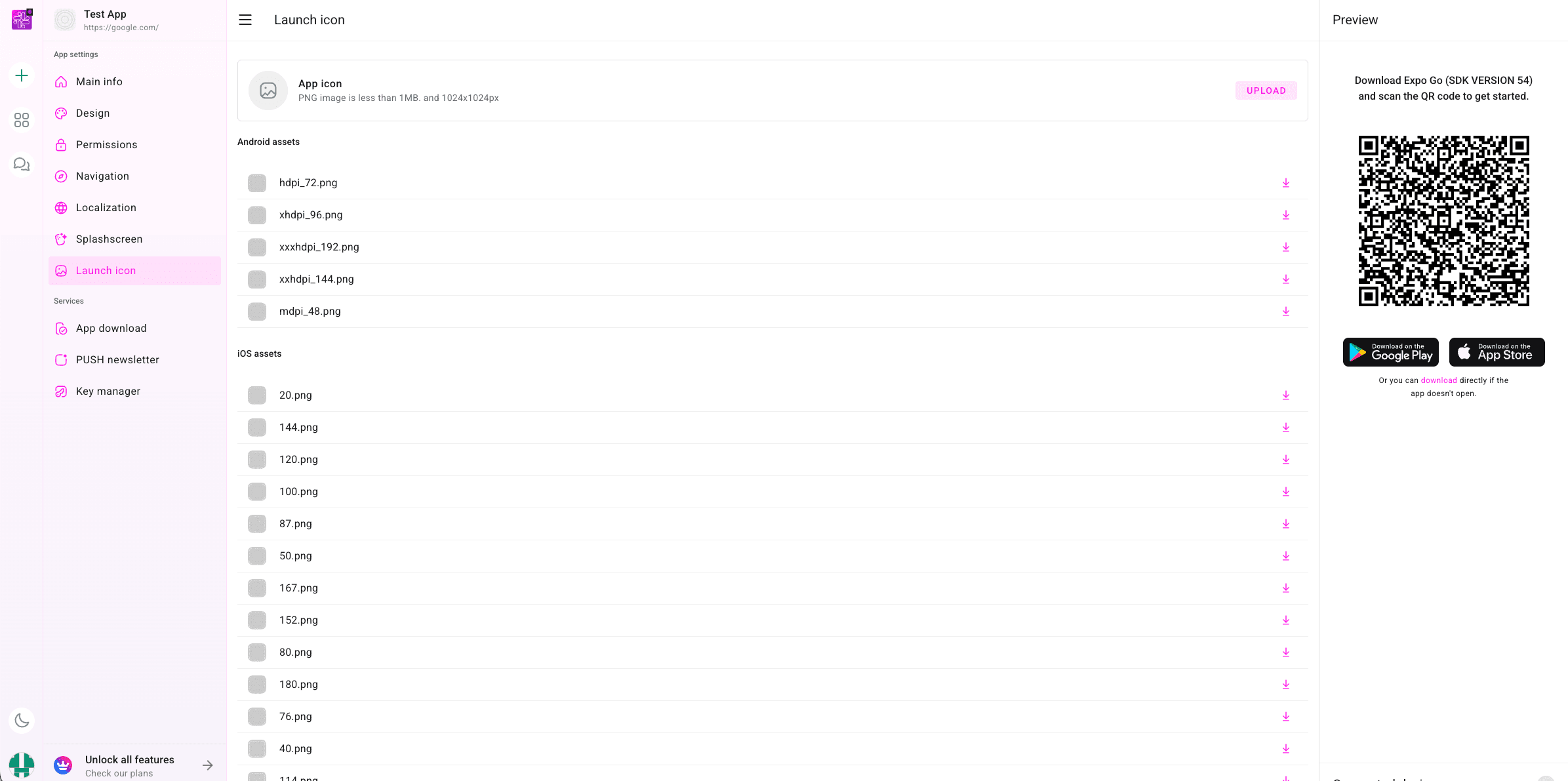 Launch Icon screen in the PocketMySite dashboard