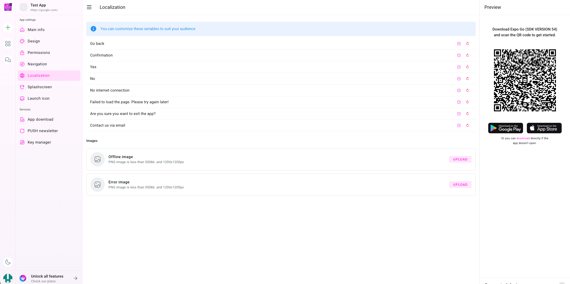 Localization screen in the PocketMySite dashboard