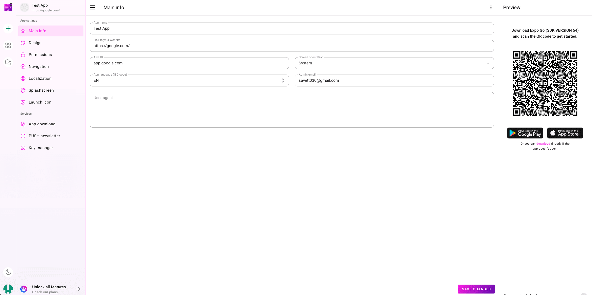 Main Info screen in the PocketMySite dashboard