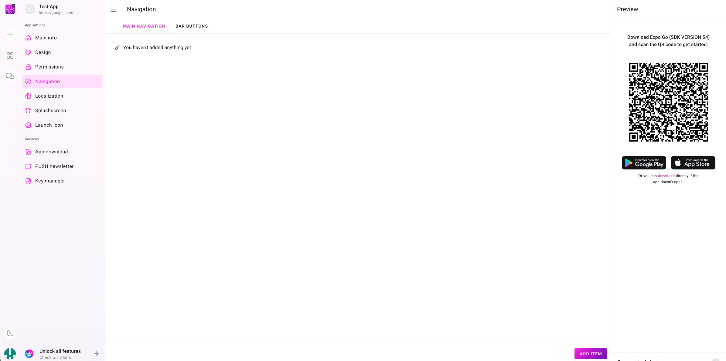 Navigation screen in the PocketMySite dashboard