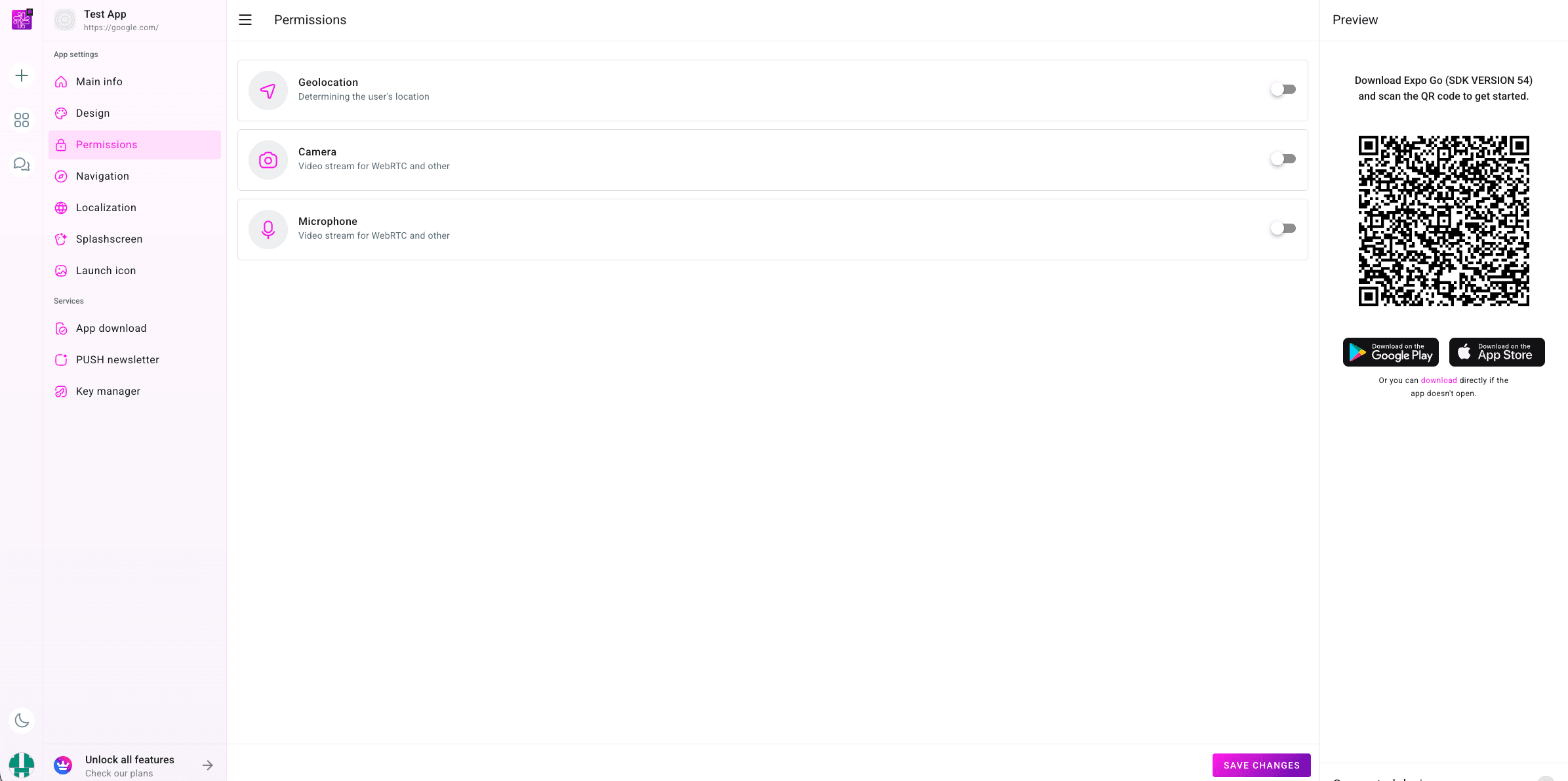 Permissions screen in the PocketMySite dashboard