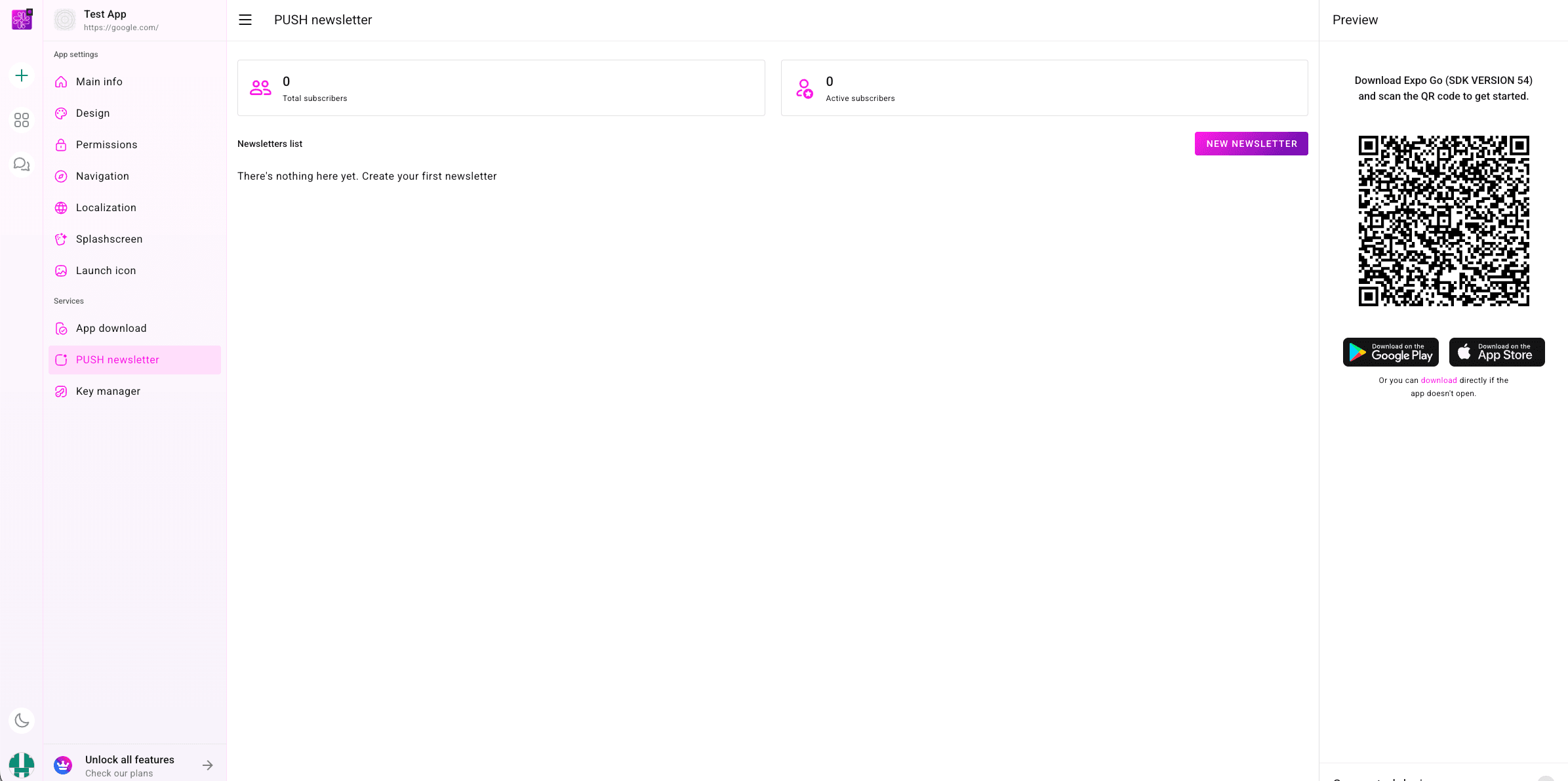 PUSH Newsletter screen in the PocketMySite dashboard